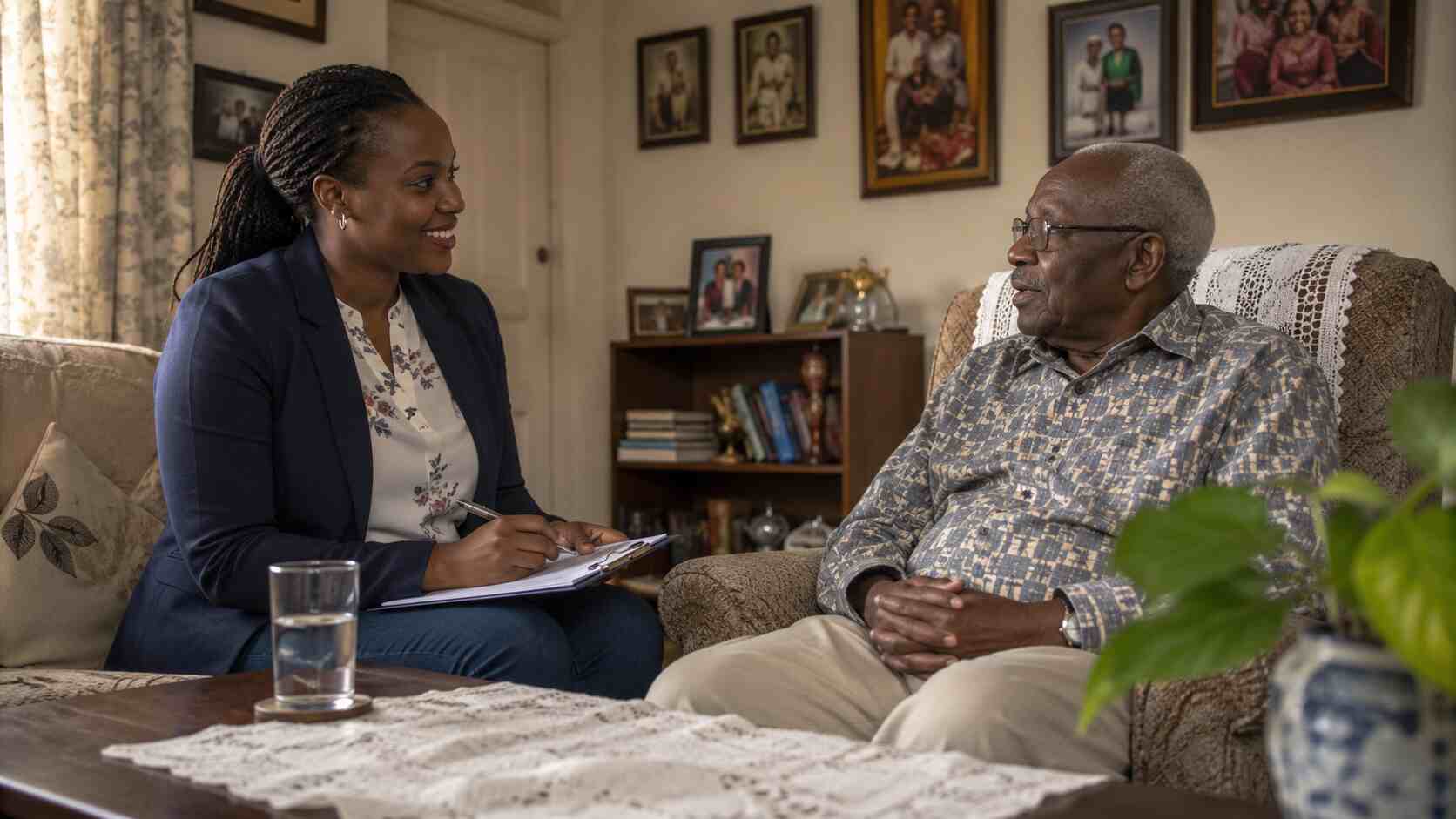 Harmony Home Care coordinator assessing elderly patient needs in Nairobi home