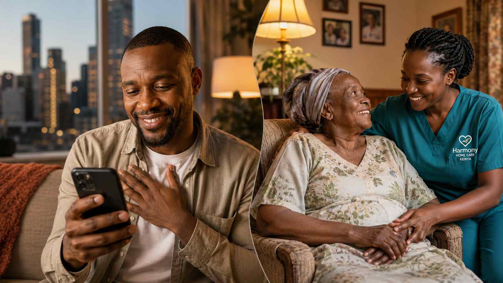 Kenyan family member abroad staying connected with elderly parent being cared for in Nairobi