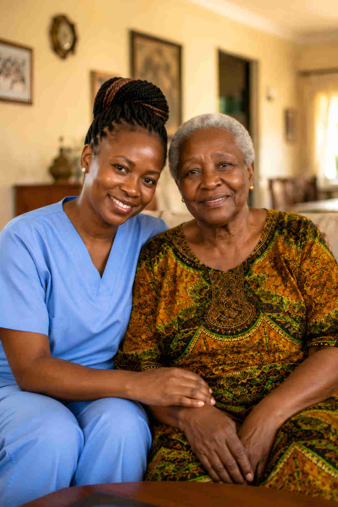 Harmony Home Care caregiver and elderly woman smiling together in a Nairobi home