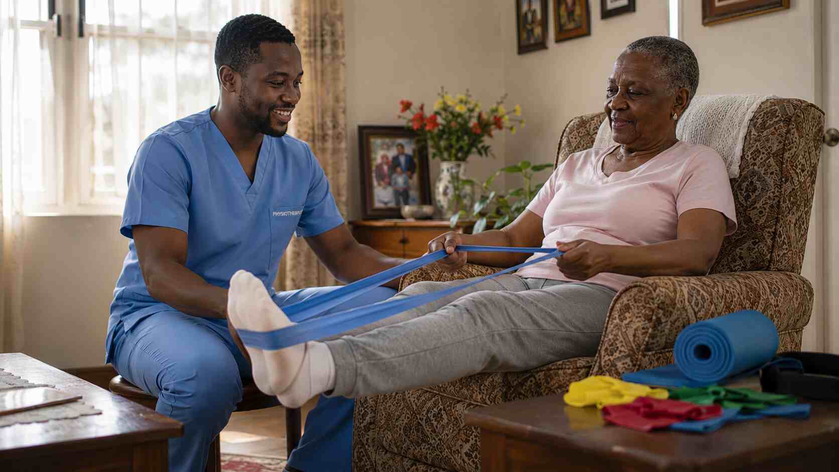 Physiotherapist providing home physiotherapy to elderly patient in Nairobi